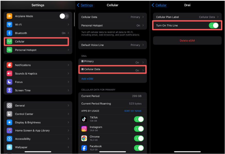 iPhone settings after the eSIM is activated