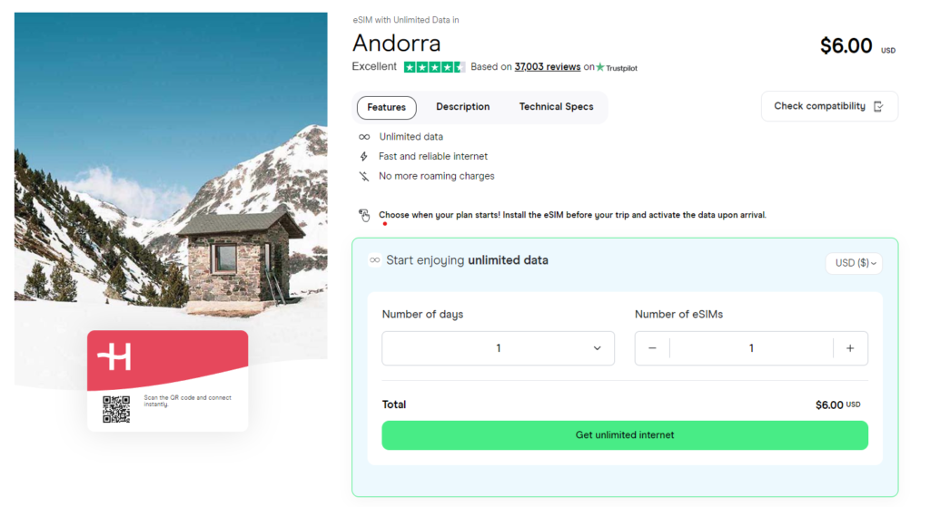 Unlimited data eSIM for Andorra