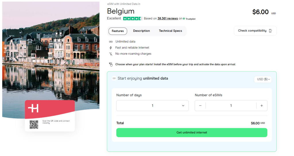Unlimited data eSIM for Belgium
