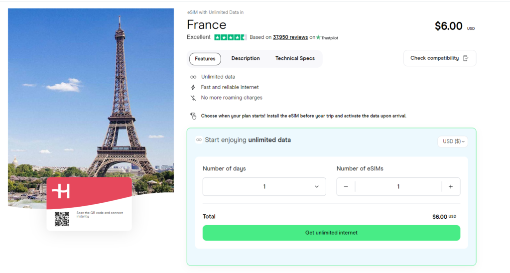 Unlimited data eSIM for France