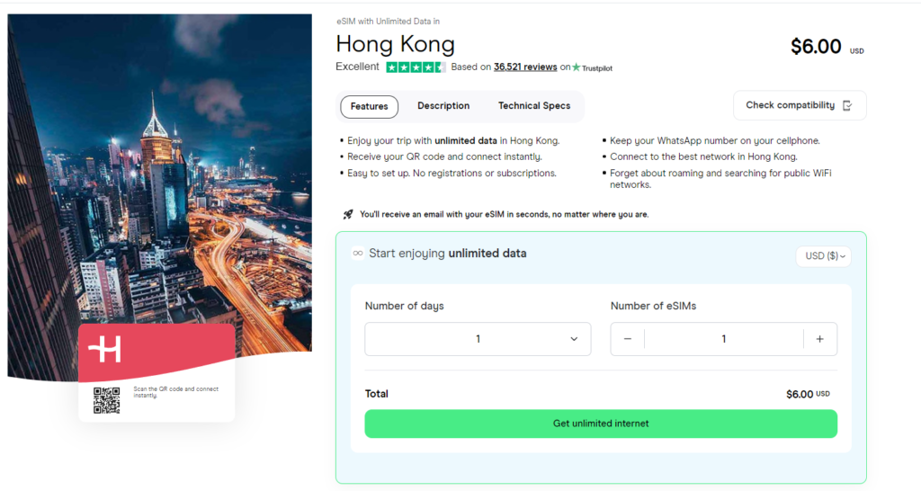 Unlimited data eSIM for Hong Kong