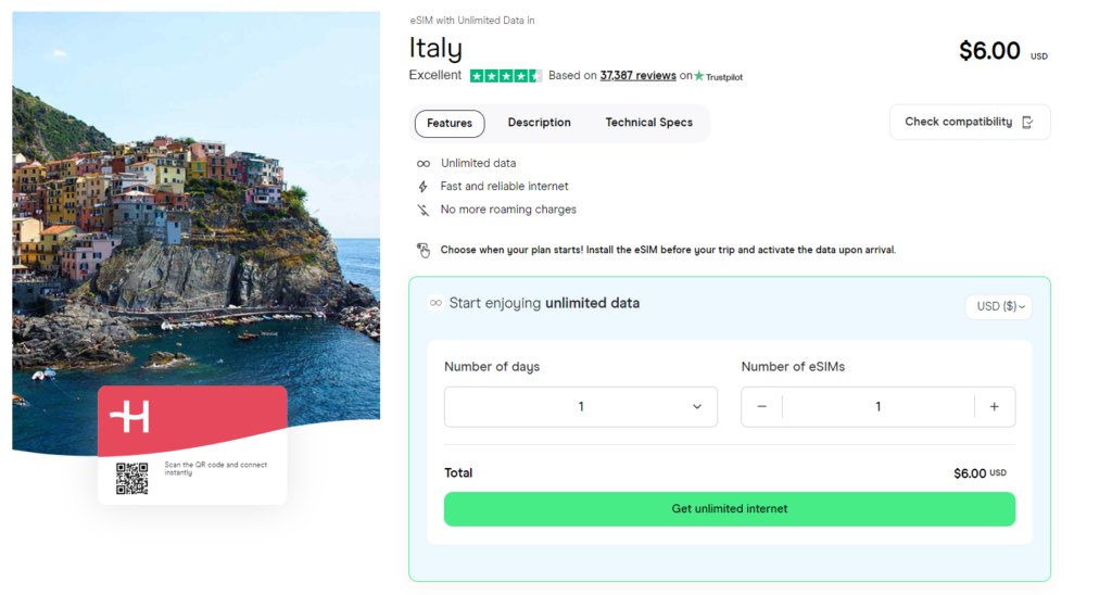 Unlimited data eSIM for Italy