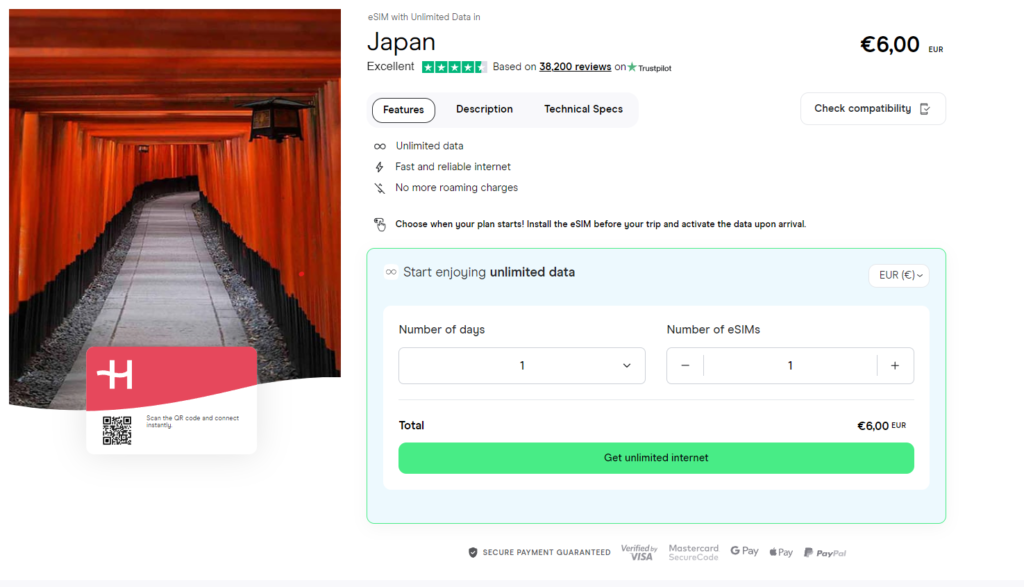 Unlimited data eSIM for Japan