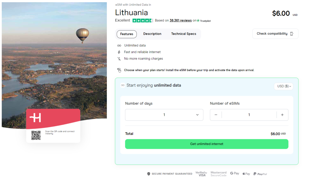 Unlimited data eSIM for Lithuania