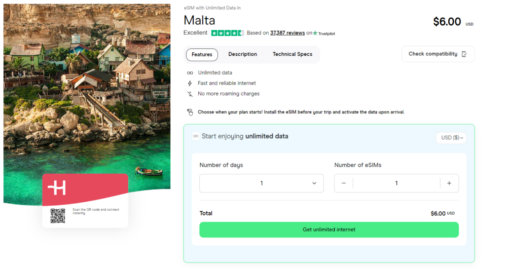 Unlimited data eSIM for Malta