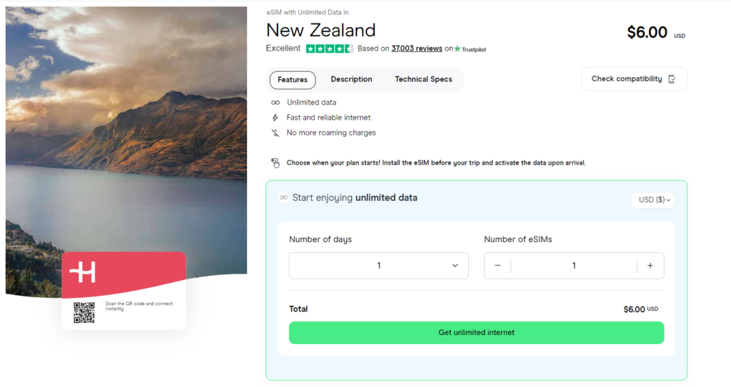 Unlimited data eSIM for New Zealand