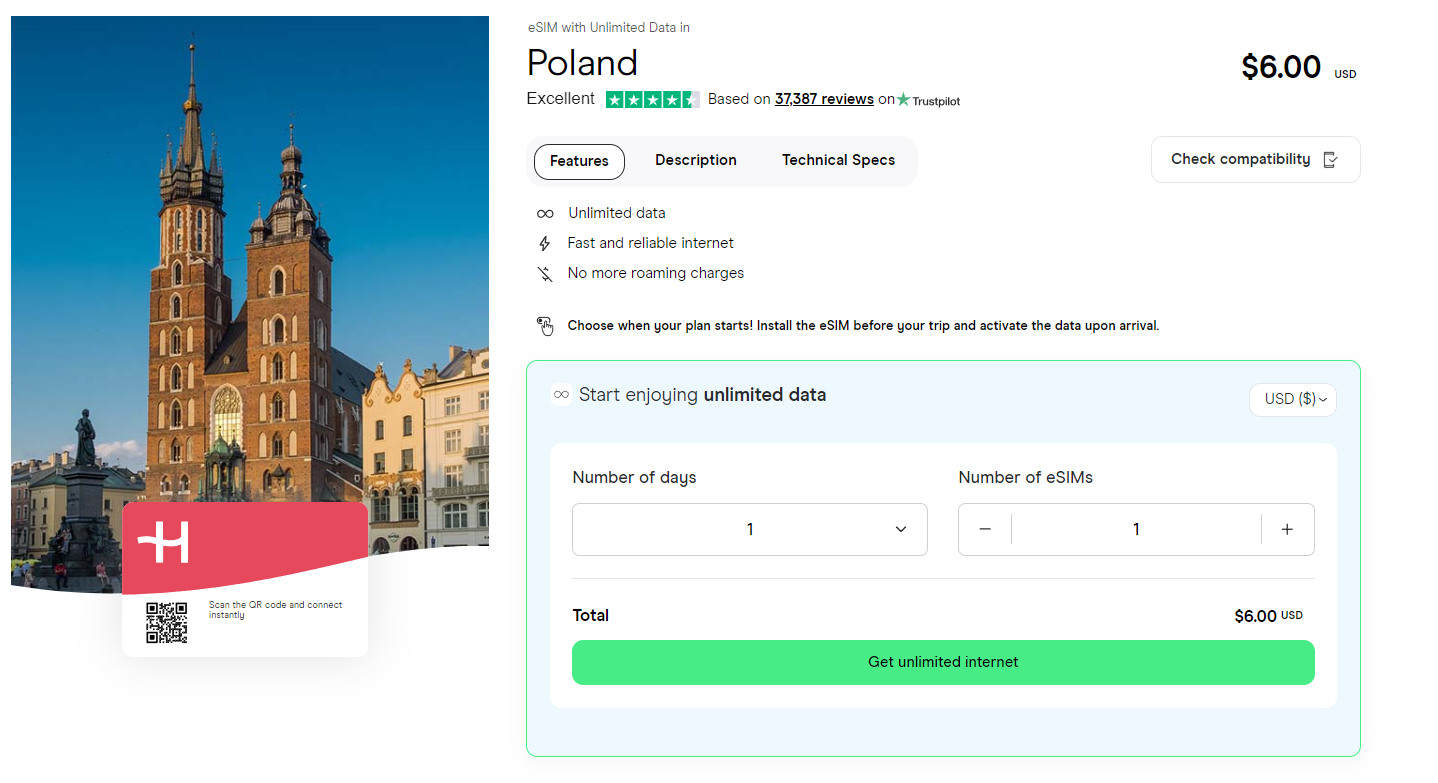 Unlimited data eSIM for Poland