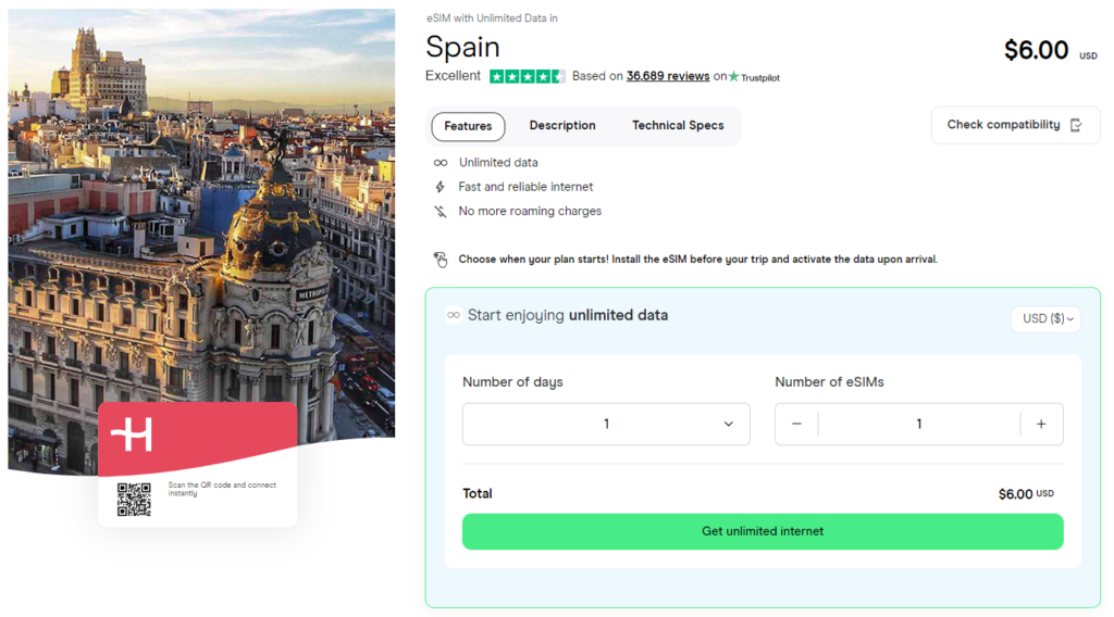 Unlimited data eSIM for Spain