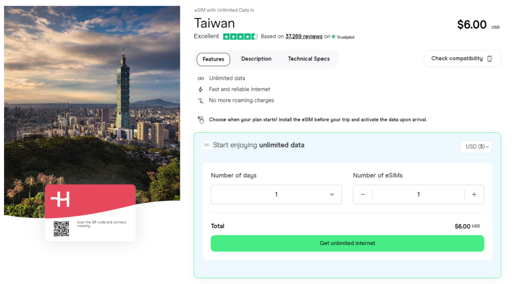 Unlimited data eSIM for Taiwan