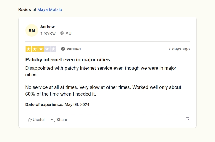 3-star review for Maya on Trustpilot