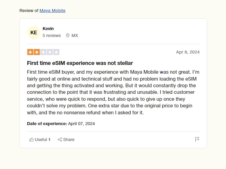 two-star review for Maya on Trustpilot