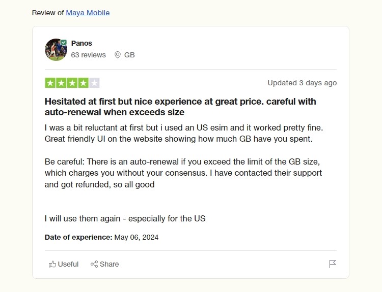 4-star review for Maya on Trustpilot