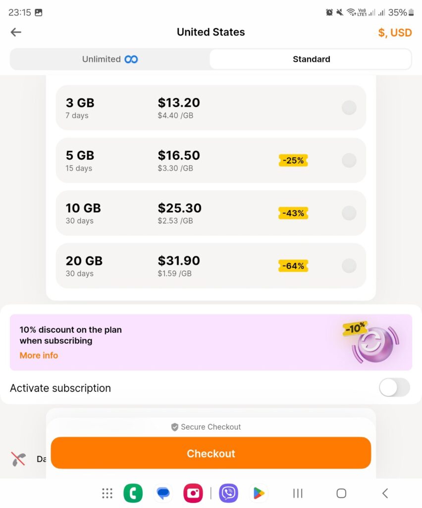 Purchasing plans through Yesim app