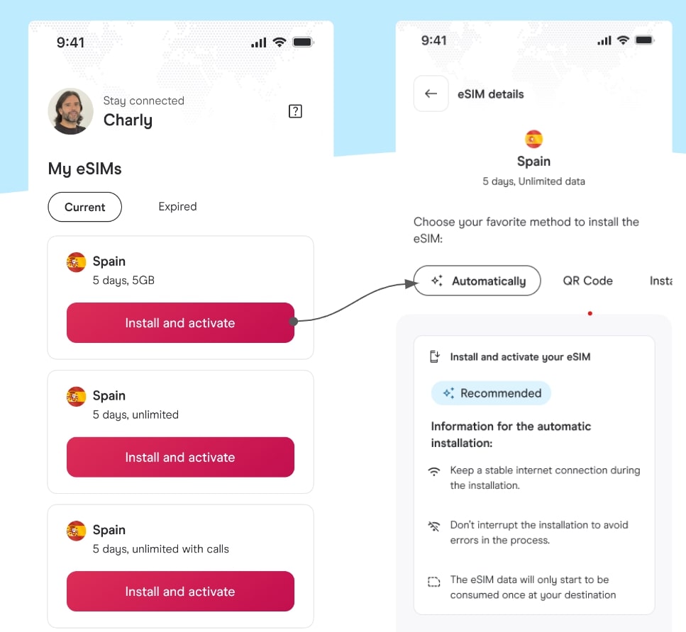 Automatic activation process on Holafly eSIM App.