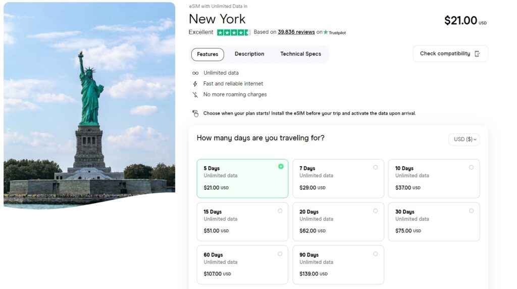 eSIM with unlimited data for New York
