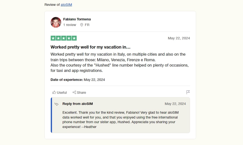 5-star review from Fabiano Tormena on Trustpilot