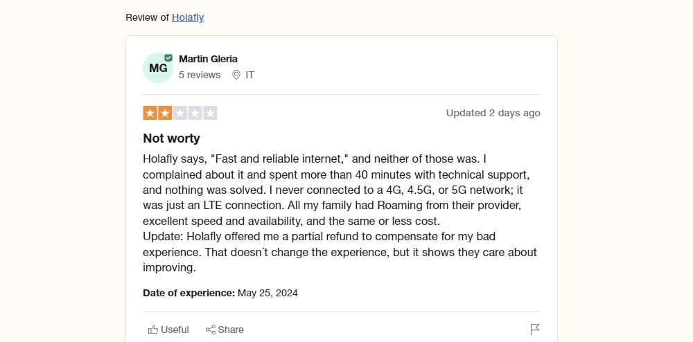 2-star review on Trustpilot from Martin Gleria