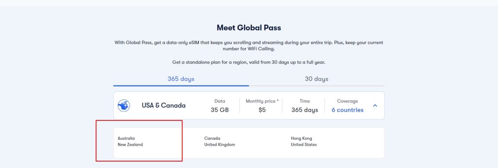 us mobile global pass for australia for 365 days