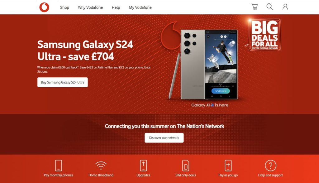 home page of the vodafone uk mobile carrier