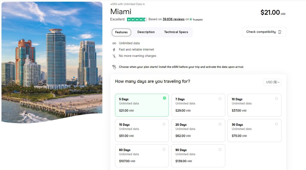 eSIM with unlimited data for Miami