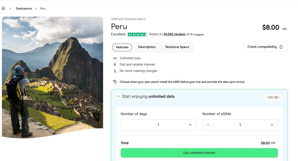 holafly esim for peru with customizable days