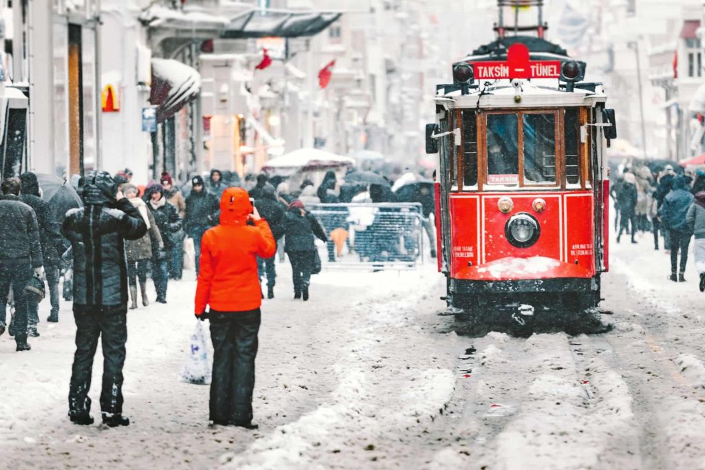 tram in the istilkal street in winter