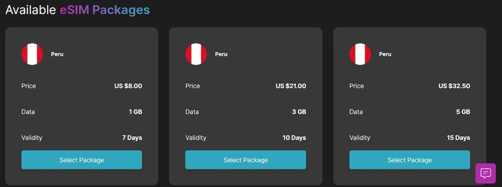 knowroaming esim data packages for peru