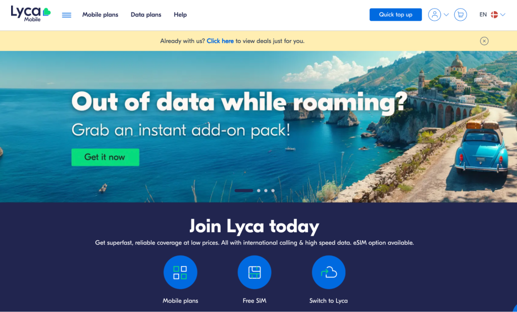 Lycamobile homepage for Denmark 