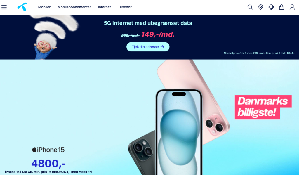 The Telenor homepage in Denmark