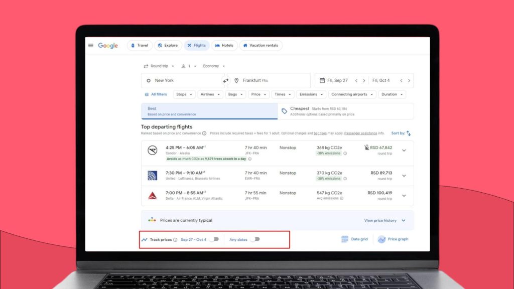 Track prices option on Google Flights
