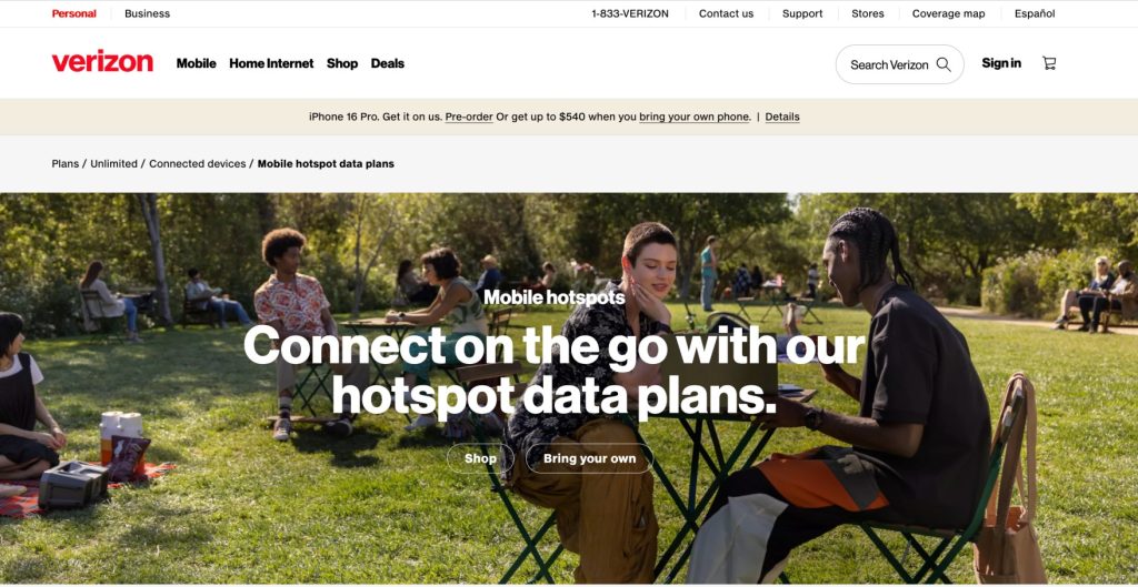 Verizon’s online store for hotspot plans. 
