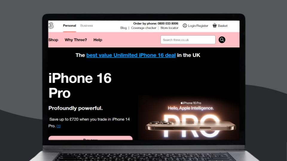 Three UK website homepage screenshot. 